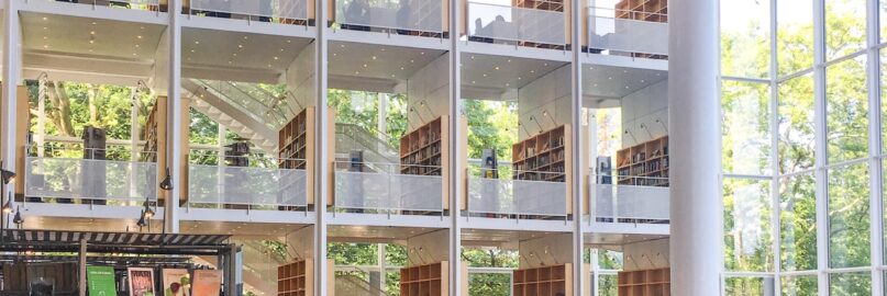 Library interior with glass walls