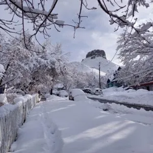 Snow street and trees with a mountain in the background